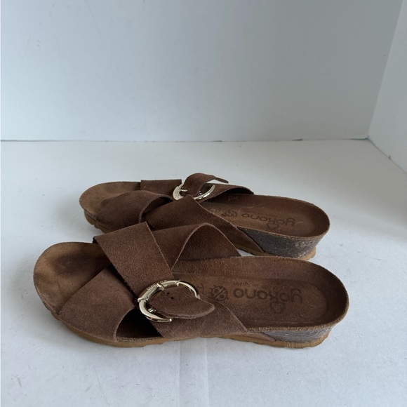 Yokono tan sueded leather cross strap slide on cork wedge sandals size 8 - Picture 4 of 11